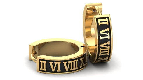 316L Surgical Steel Roman Numerals & Black Enamel Men Women Huggie Hoop Earrings